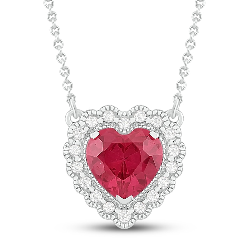 Lab-Created Ruby & White Lab-Created Sapphire Heart Necklace Sterling Silver 18"