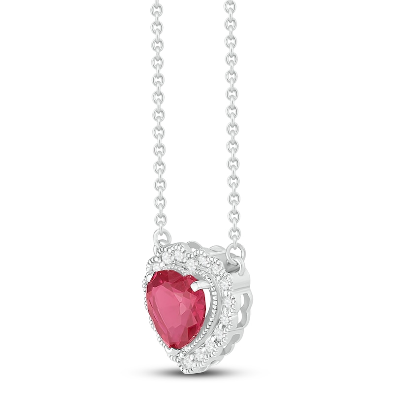 Lab-Created Ruby & White Lab-Created Sapphire Heart Necklace Sterling Silver 18"