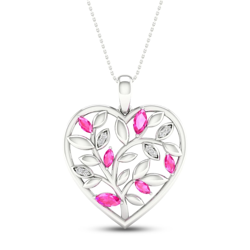 Pink & White Lab-Created Sapphire Heart Necklace Sterling Silver 18"