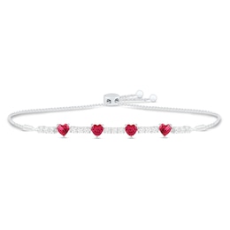 Lab-Created Ruby & White Lab-Created Sapphire Heart Bolo Bracelet Sterling Silver
