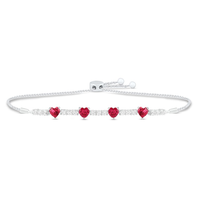 Main Image 1 of Lab-Created Ruby & White Lab-Created Sapphire Heart Bolo Bracelet Sterling Silver