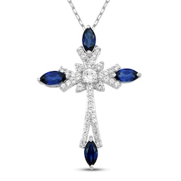 Marquise-Cut Blue Lab-Created Sapphire & White Lab-Created Sapphire Cross Necklace Sterling Silver 18"