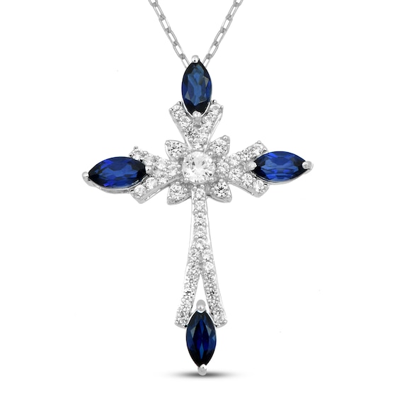 Marquise-Cut Blue Lab-Created Sapphire & White Lab-Created Sapphire Cross Necklace Sterling Silver 18"