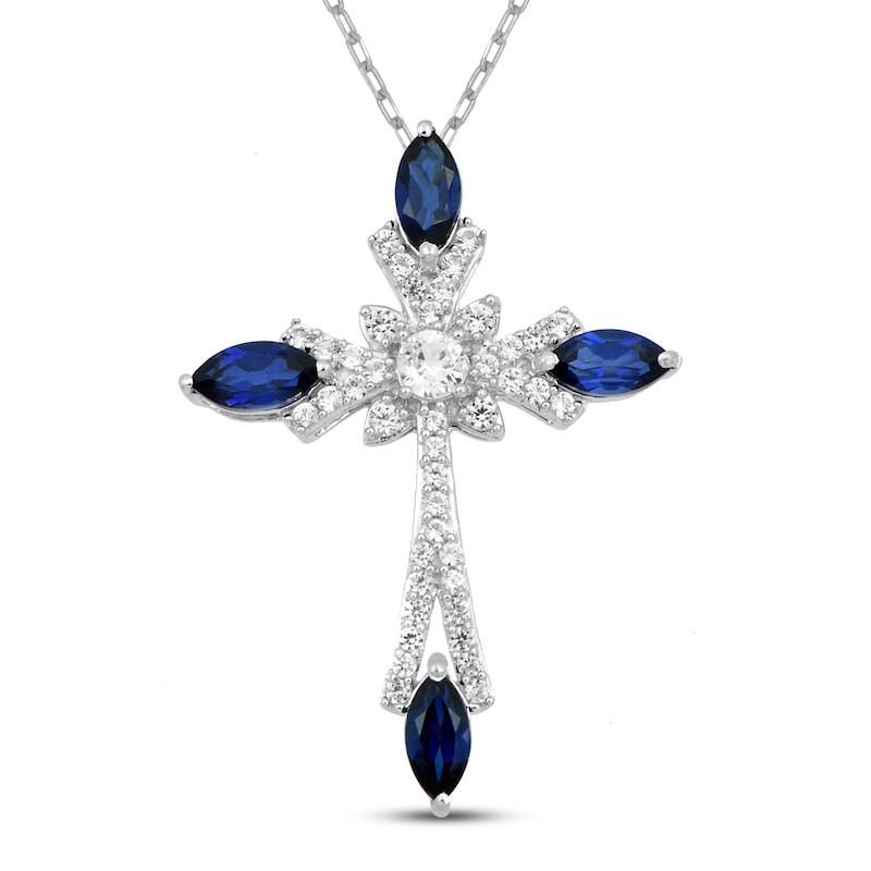 Main Image 1 of Marquise-Cut Blue Lab-Created Sapphire & White Lab-Created Sapphire Cross Necklace Sterling Silver 18"