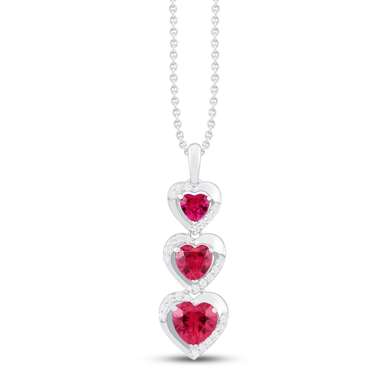 Lab-Created Ruby & White Lab-Created Sapphire Heart Necklace Sterling Silver 18"