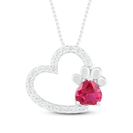 Lab-Created Ruby & White Lab-Created Sapphire Heart Necklace Sterling Silver 18&quot;