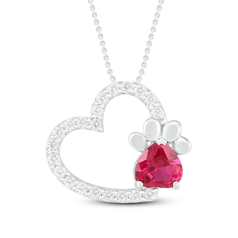 Lab-Created Ruby & White Lab-Created Sapphire Heart Necklace Sterling Silver 18"