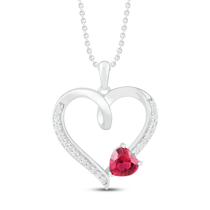 Lab-Created Ruby & White Lab-Created Sapphire Heart Necklace Sterling ...