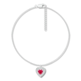 Lab-Created Ruby Heart Anklet Sterling Silver 9"