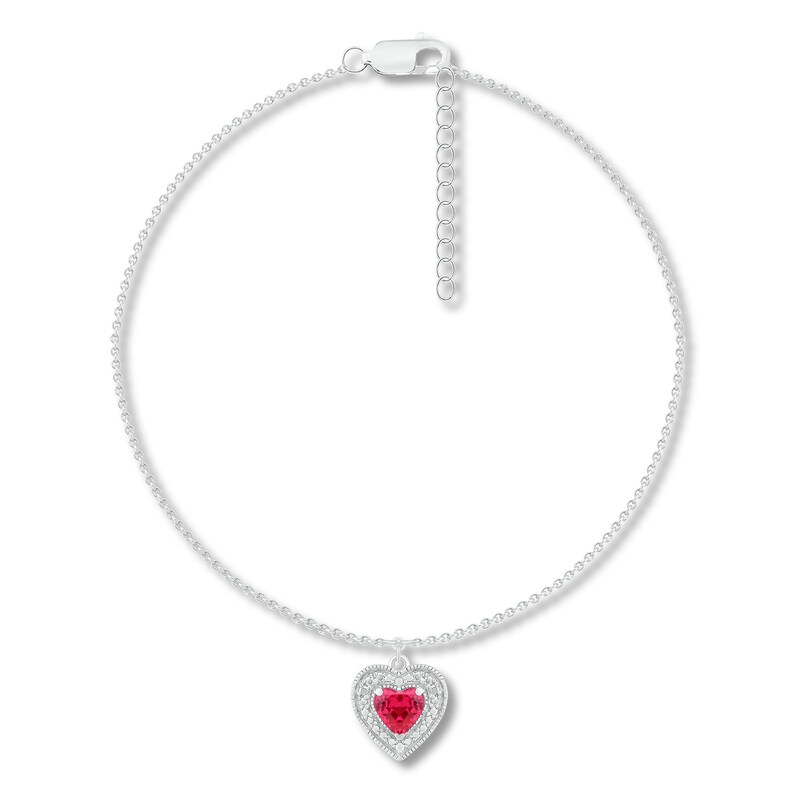 Main Image 1 of Lab-Created Ruby Heart Anklet Sterling Silver 9"