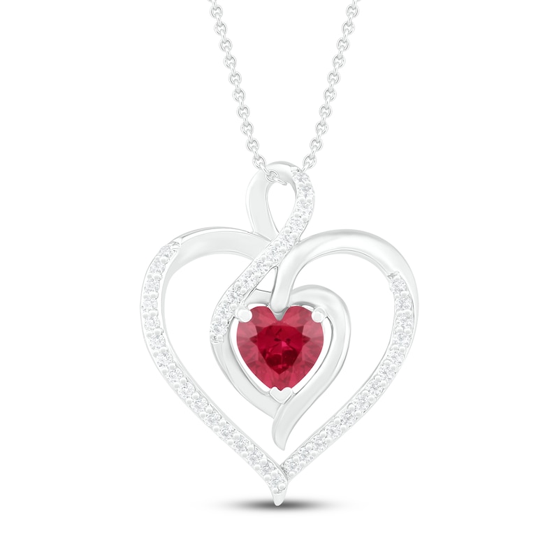 Main Image 1 of Lab-Created Ruby & White Lab-Created Sapphire Heart Necklace Sterling Silver 18"
