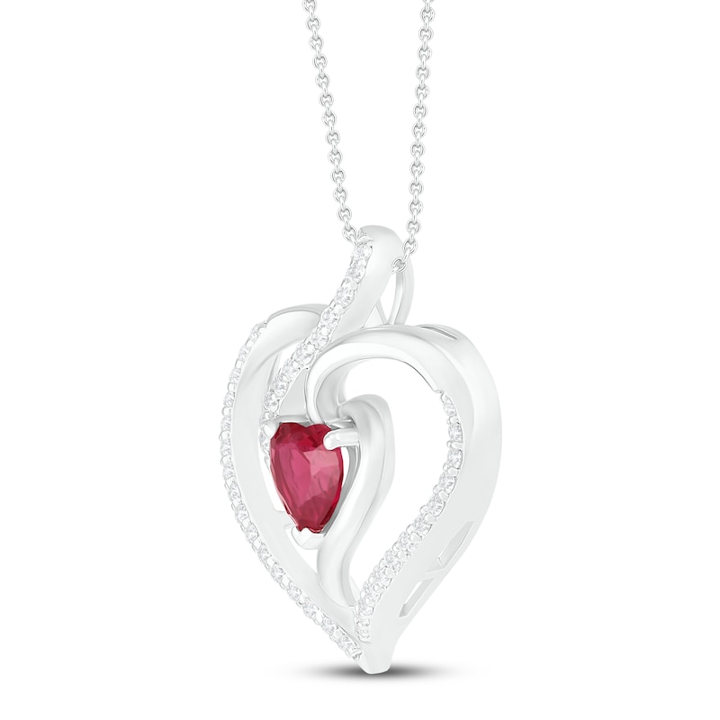 Main Image 2 of Lab-Created Ruby & White Lab-Created Sapphire Heart Necklace Sterling Silver 18"