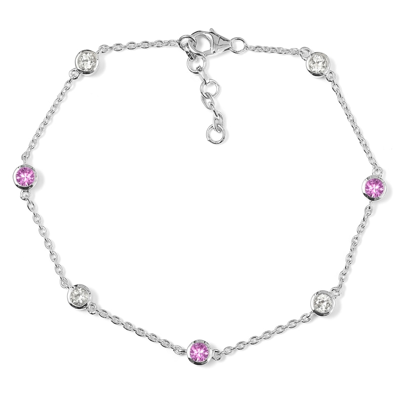 Pink & White Lab-Created Sapphire Anklet Sterling Silver 9"