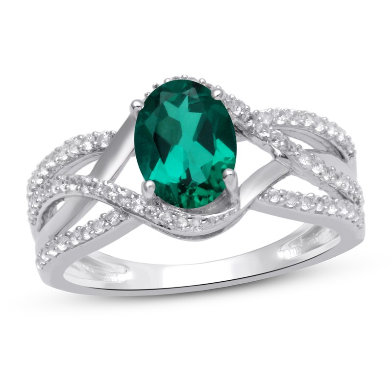 Lab-Created Emerald & White Lab-Created Sapphire Ring Sterling Silver