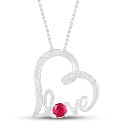 Lab-Created Ruby & White Lab-Created Sapphire Heart Necklace Sterling Silver 18"