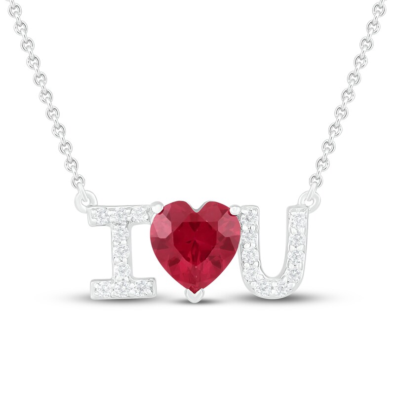 Main Image 1 of Lab-Created Ruby & White Lab-Created Sapphire I <3 U Necklace Sterling Silver 18"