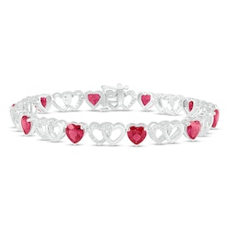 Lab-Created Ruby & White Lab-Created Sapphire Heart Bracelet Sterling Silver 7.25"