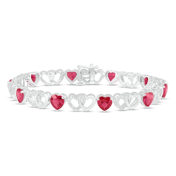 Lab-Created Ruby & White Lab-Created Sapphire Heart Bracelet Sterling Silver 7.25"