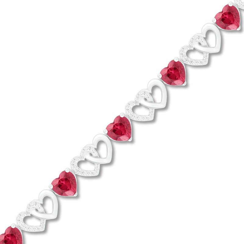 Lab-Created Ruby & White Lab-Created Sapphire Heart Bracelet Sterling Silver 7.25"