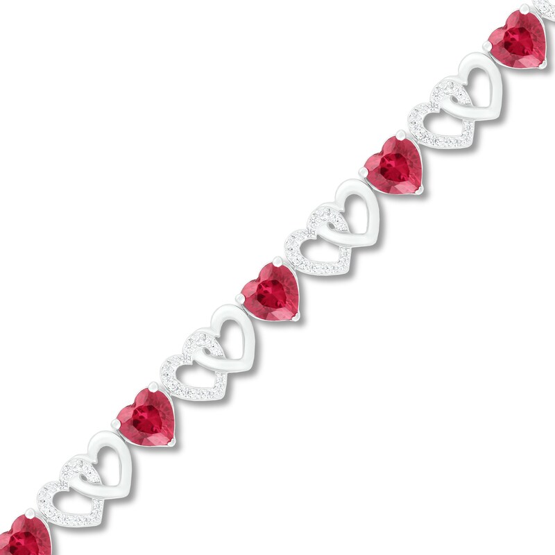 Main Image 2 of Lab-Created Ruby & White Lab-Created Sapphire Heart Bracelet Sterling Silver 7.25"