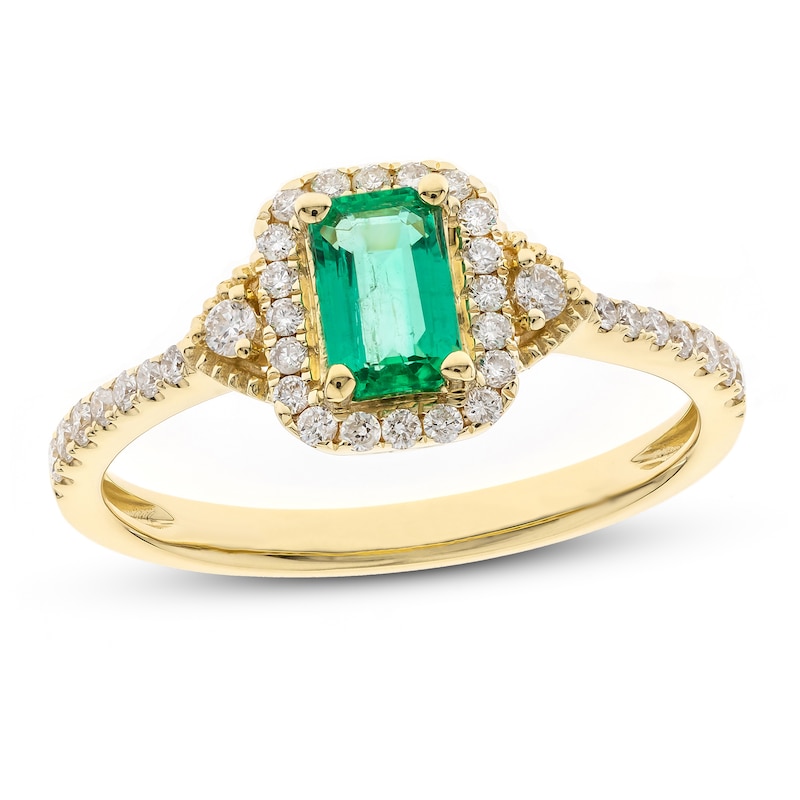 Main Image 1 of Emerald Ring 1/4 ct tw Diamonds 10K Yellow Gold