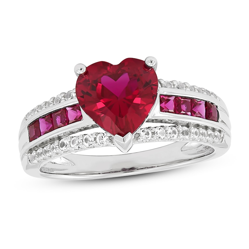 Main Image 1 of Lab-Created Ruby & White Lab-Created Sapphire Heart Ring Sterling Silver