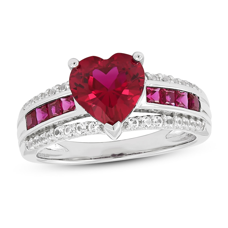 Lab-Created Ruby & White Lab-Created Sapphire Heart Ring Sterling Silver