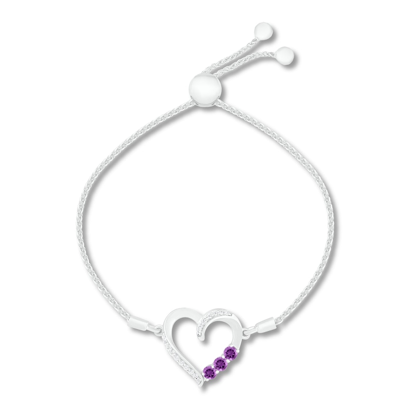Amethyst & White Lab-Created Sapphire Heart Bolo Bracelet Sterling Silver