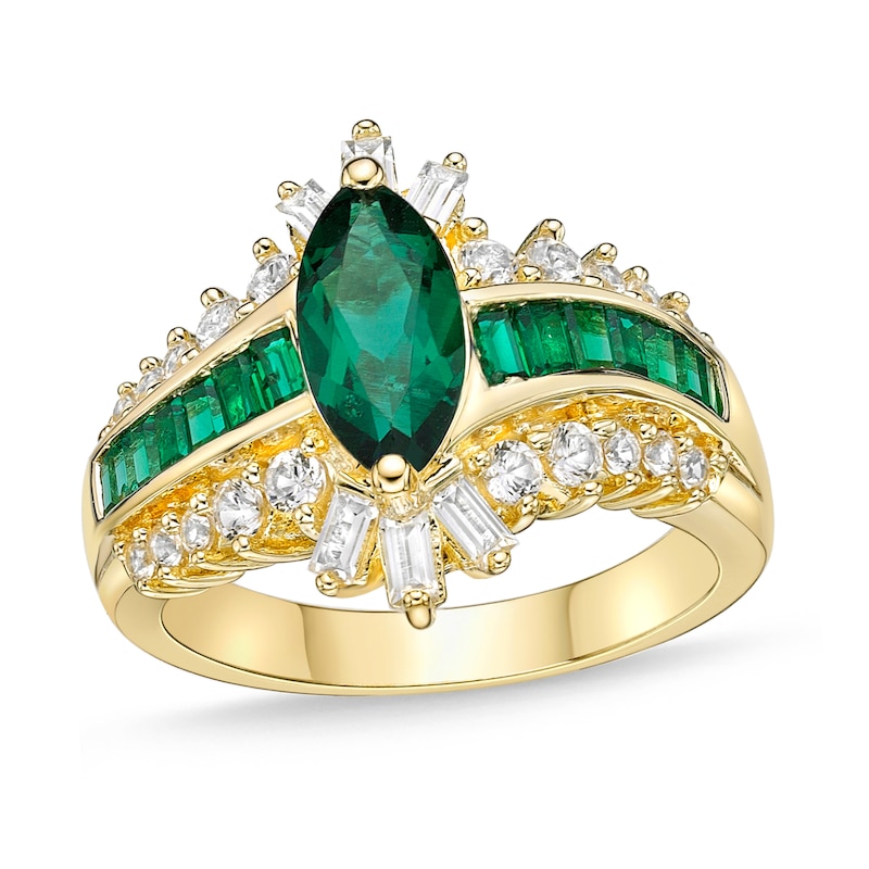 Lab-Created Emerald & White Lab-Created Sapphire Ring Sterling Silver/14K Yellow Gold Plating