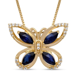 Blue & White Lab-Created Butterfly Necklace Sterling Silver/18K Yellow Gold Plated 18&quot;
