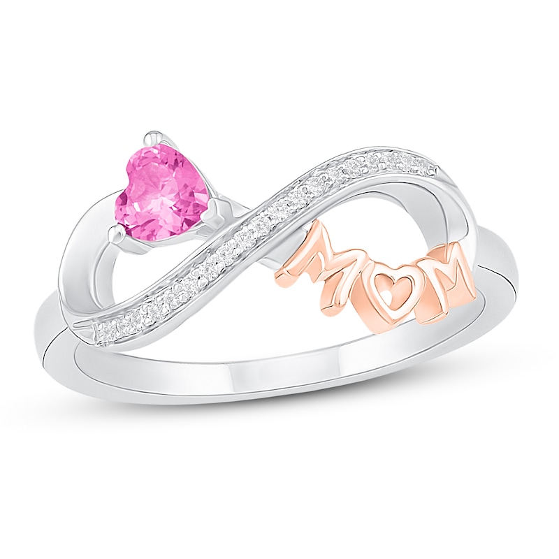 Main Image 1 of Pink Lab-Created Sapphire & Diamond 'Mom' Ring 1/20 ct tw Sterling Silver & 10K Rose Gold