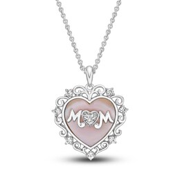 Mother of Pearl & White Lab-Created Sapphire Mom/Heart Necklace Sterling Silver 18&quot;