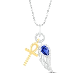 Blue/White Lab-Created Sapphire Cross & Wing Necklace Pear/Round-Cut Sterling Silver/10K Yellow Gold 18&quot;