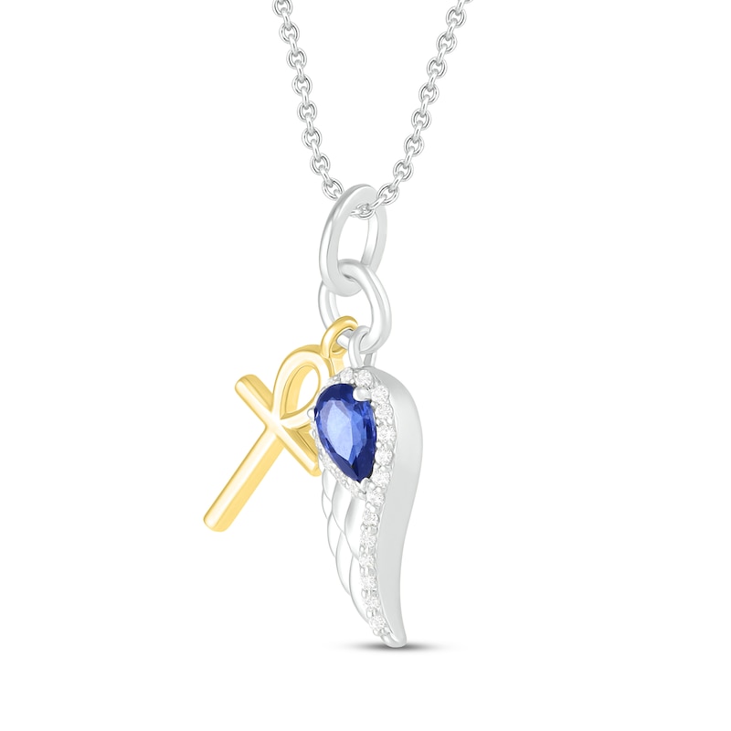 Blue/White Lab-Created Sapphire Cross & Wing Necklace Pear/Round-Cut Sterling Silver/10K Yellow Gold 18"