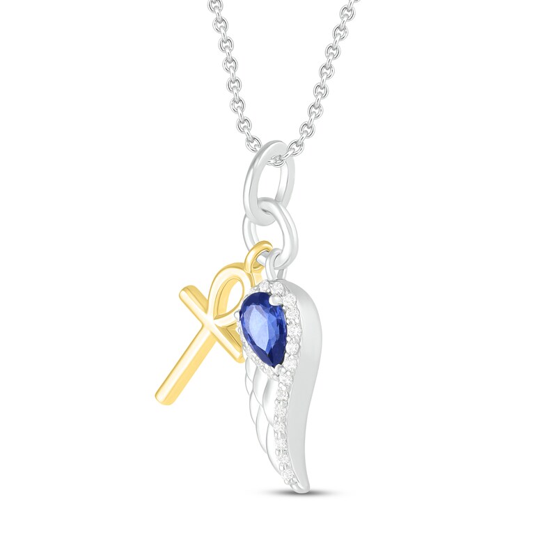 Blue/White Lab-Created Sapphire Cross & Wing Necklace Pear/Round-Cut Sterling Silver/10K Yellow Gold 18"