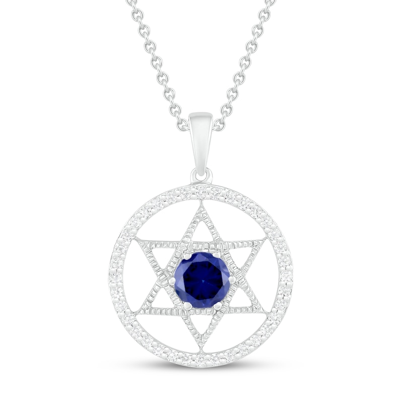 Main Image 1 of Blue/White Lab-Created Star of David Necklace Round-Cut Sterling Silver 18"