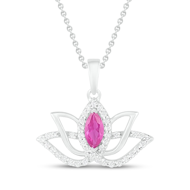 Main Image 1 of Pink/White Lab-Created Sapphire Lotus Flower Necklace Marquise/Round-Cut Sterling Silver 18"