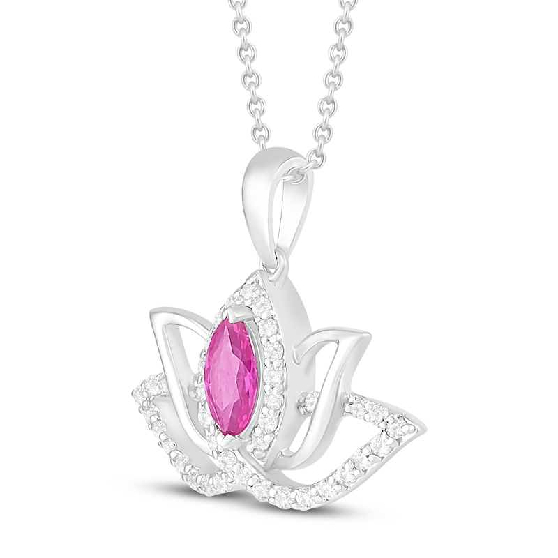 Main Image 2 of Pink/White Lab-Created Sapphire Lotus Flower Necklace Marquise/Round-Cut Sterling Silver 18"