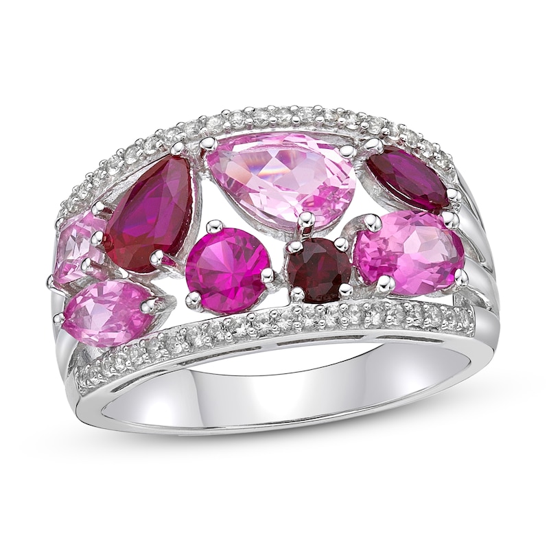 Vibrant Shades Lab-Created Ruby, Pink & White Lab-Created Sapphire Ring Sterling Silver