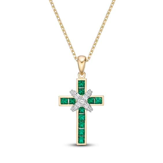 Lab-Created Emerald & White Lab-Created Sapphire Cross Necklace 10K Yellow Gold 18"