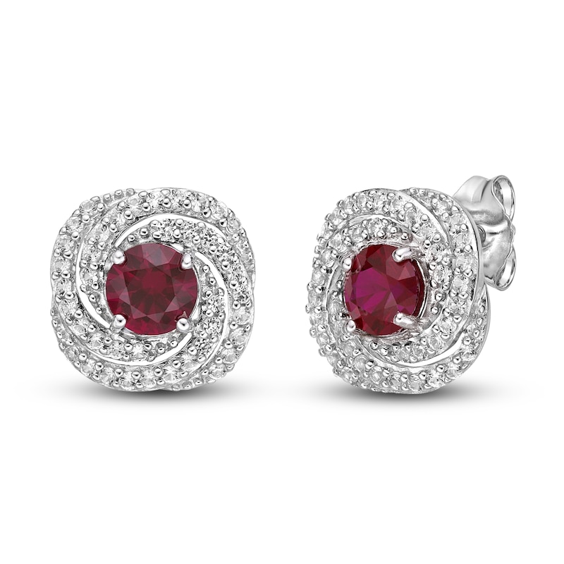 Main Image 1 of Lab-Created Ruby & White Lab-Created Sapphire Earrings Sterling Silver