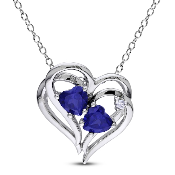 Blue Lab-Created Sapphire & Diamond Double Heart Necklace Sterling Silver 18"
