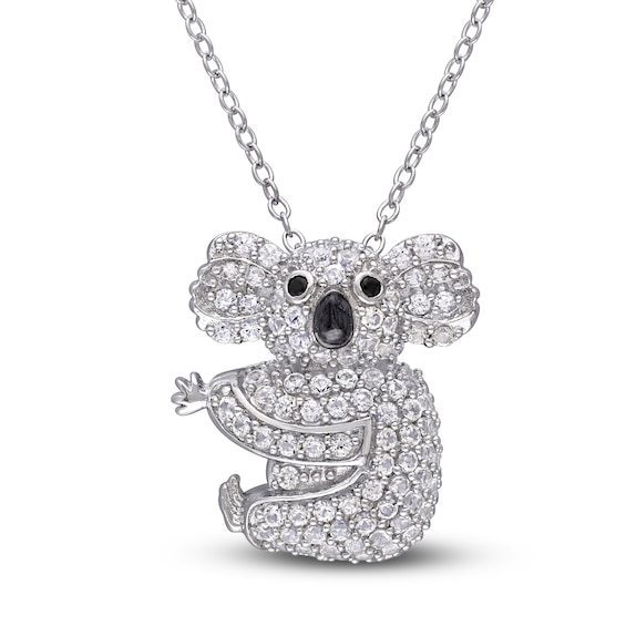 White Lab-Created Sapphire & Black Spinel Koala Necklace Sterling Silver 18"