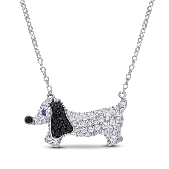 Blue & White Lab-Created Sapphire/Black Spinel Dog Necklace Sterling Silver 18"