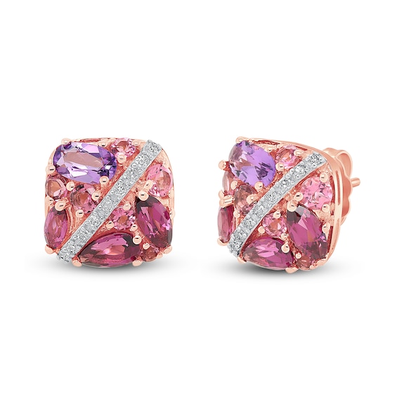 Tourmaline, Garnet, Amethyst & Diamond Earrings 1/15 ct tw Round-Cut 10K Rose Gold