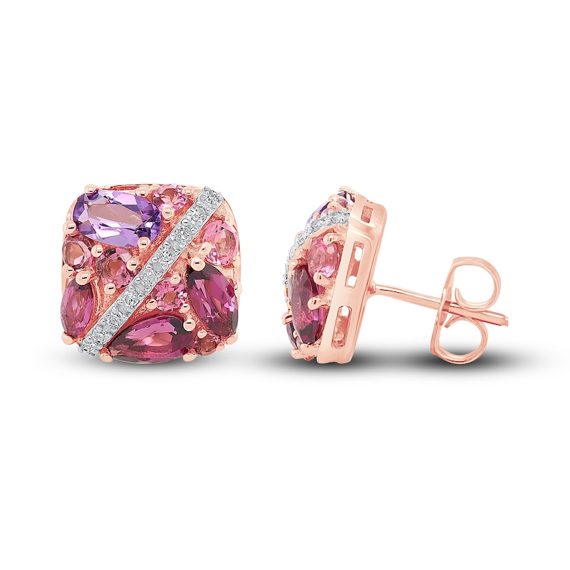 Main Image 3 of Tourmaline, Garnet, Amethyst & Diamond Earrings 1/15 ct tw Round-Cut 10K Rose Gold