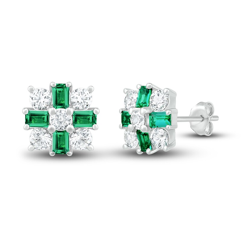 Lab-Created Emerald & White Lab-Created Sapphire Stud Earrings Sterling Silver