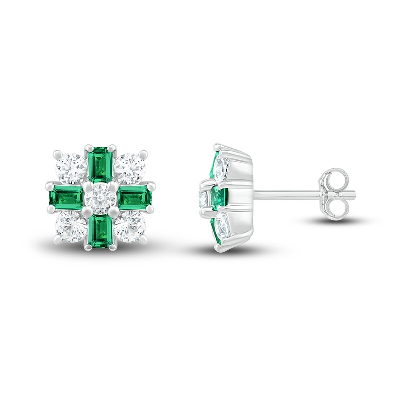 Lab-Created Emerald & White Lab-Created Sapphire Stud Earrings Sterling Silver