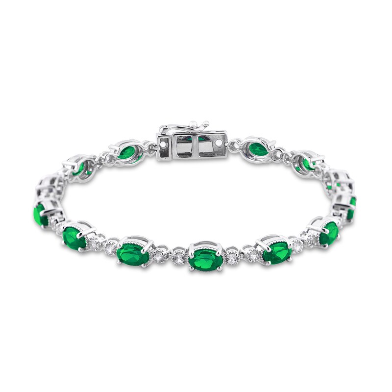 Lab-Created Emerald & White Topaz Bracelet Sterling Silver 7"