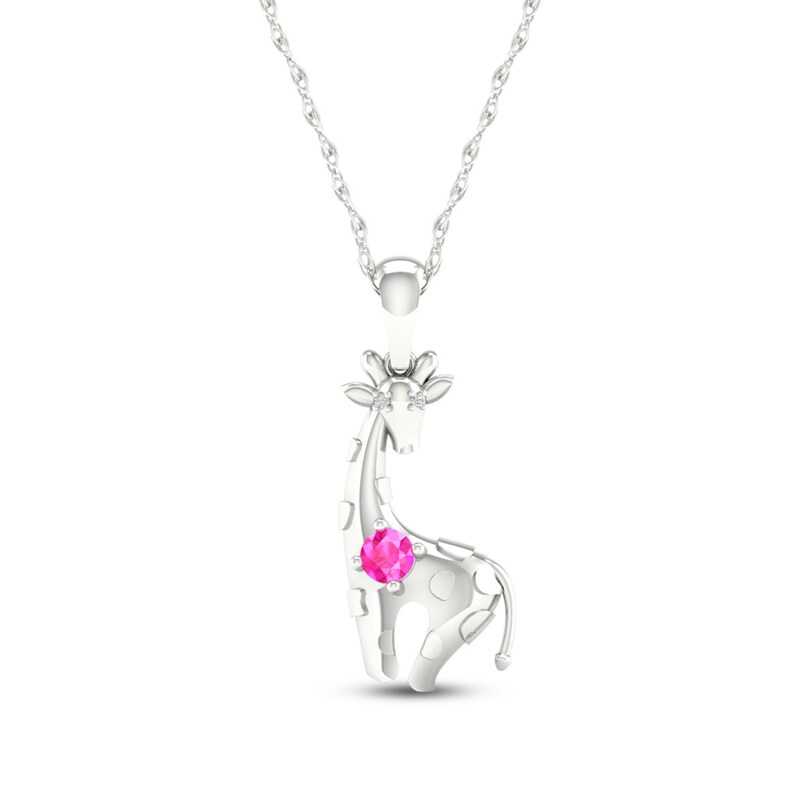 Pink Lab-Created Sapphire & Diamond Giraffe Necklace Sterling Silver 18"